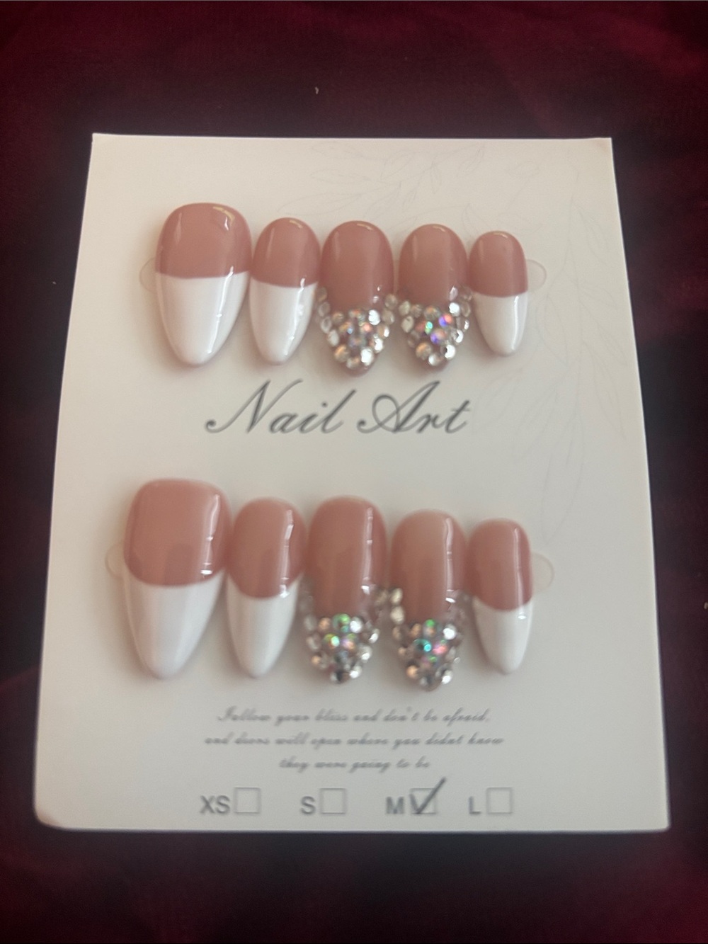 Press-On Nail Set - Blush Pink & White with Rhinestones
